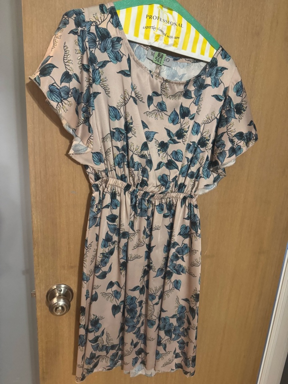 Floral V-Neck Elastic Waist Midi Dress - Pink with Teal Floral